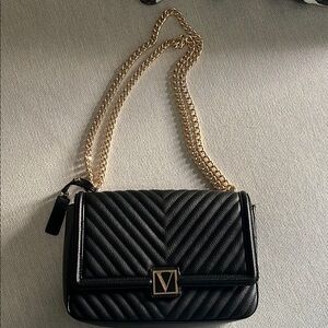 Black Quilted Leather Bag with Gold Chain